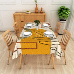 Lofaris Abstract Modern Art Rectangle Tablecloth with Mustard Yellow and Olive Green Shapes Black Line Design for Dining Decor