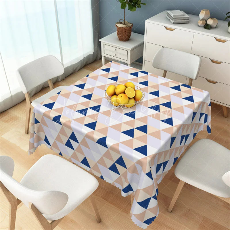 Lofaris Abstract Navy and Beige Triangle Rectangle Tablecloth Modern Geometric Mosaic Pattern Table Cover