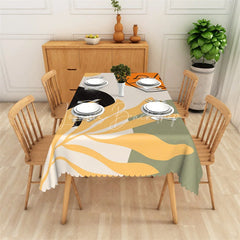 Lofaris Abstract Organic Botanical Rectangle Tablecloth with Scalloped Edge Yellow Green Black Orange Dining Decor