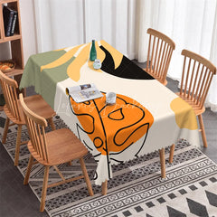 Lofaris Abstract Organic Botanical Rectangle Tablecloth with Scalloped Edge Yellow Green Black Orange Dining Decor