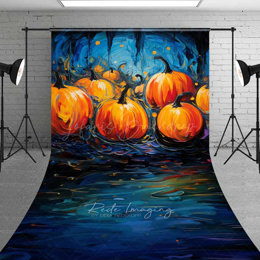 Lofaris Abstract Pumpkin Patch Oil Painting Sweep Backdrop with Floor Moody Blue and Orange Halloween Photography Prop