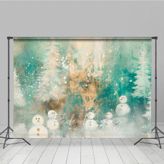 Lofaris Abstract Snowman Photography Backdrop Painterly Winter Forest in Teal and Gold Whimsical Christmas Decor