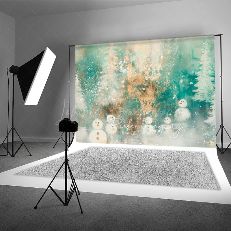 Lofaris Abstract Snowman Photography Backdrop Painterly Winter Forest in Teal and Gold Whimsical Christmas Decor