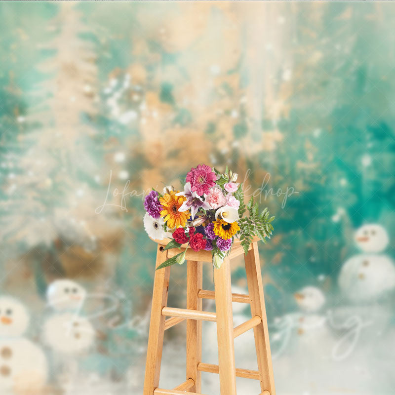 Lofaris Abstract Snowman Photography Backdrop Painterly Winter Forest in Teal and Gold Whimsical Christmas Decor