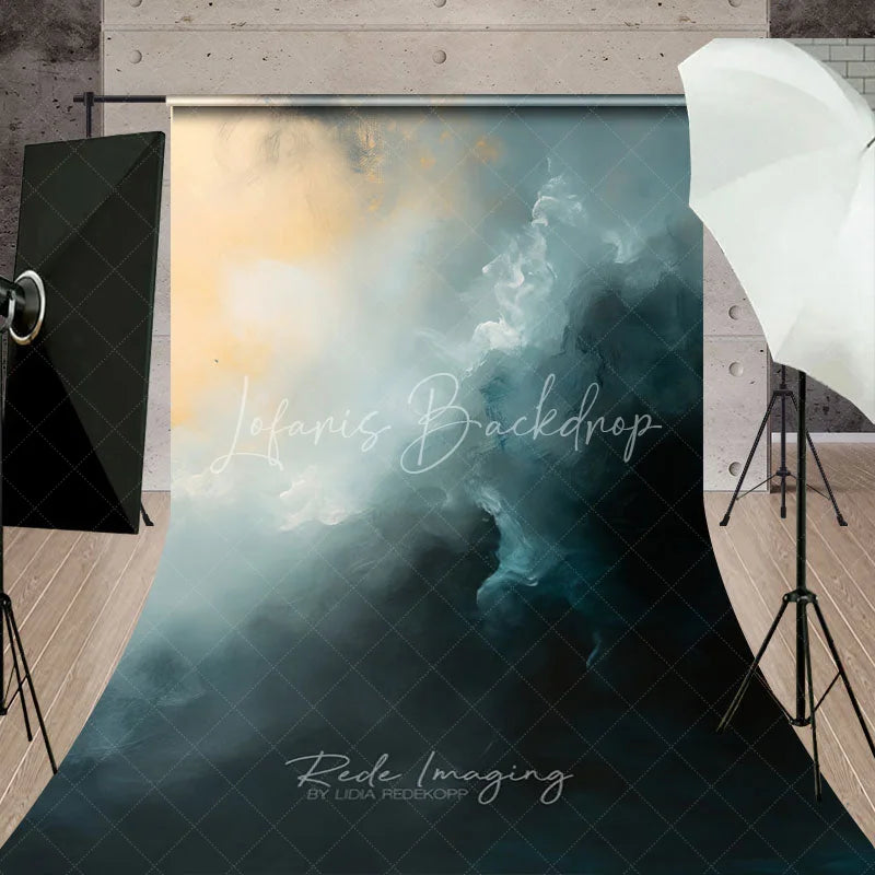 Lofaris Abstract Teal and Gold Painterly Sweep Backdrop Ethereal Light Photography Studio Prop