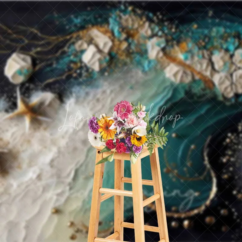 Lofaris Abstract Teal Ocean Wave and Gold Starfish Backdrop Summer Beach Photography Background Party Decor