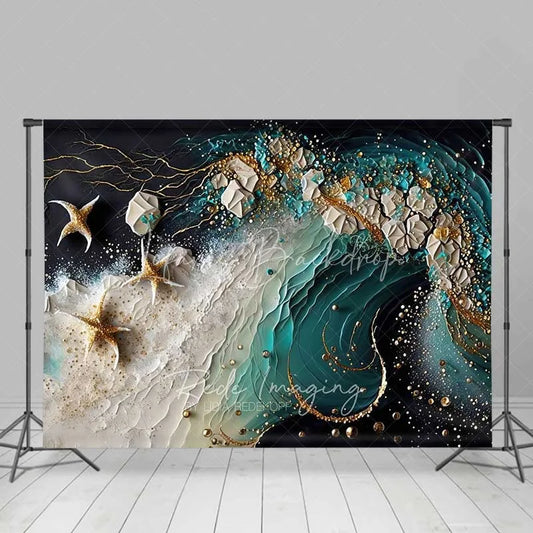 Lofaris Abstract Teal Ocean Wave and Gold Starfish Backdrop Summer Beach Photography Background Party Decor