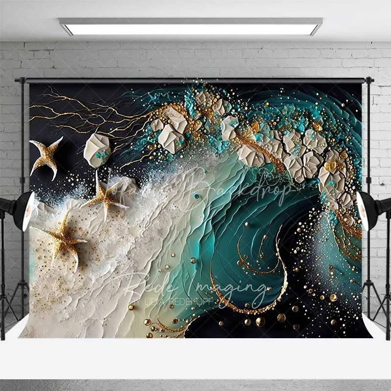 Lofaris Abstract Teal Ocean Wave and Gold Starfish Backdrop Summer Beach Photography Background Party Decor