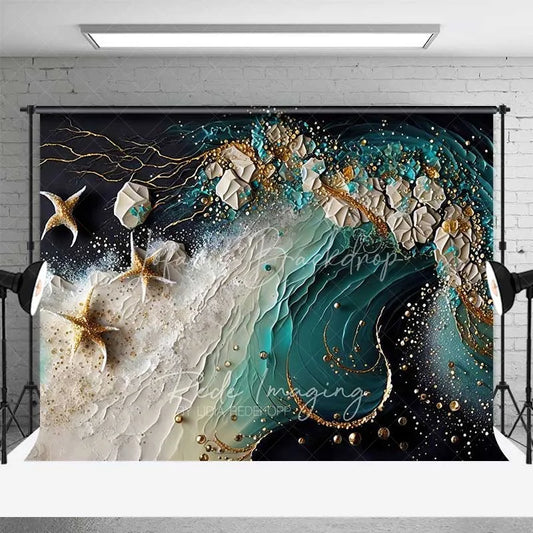 Lofaris Abstract Teal Ocean Wave and Gold Starfish Backdrop Summer Beach Photography Background Party Decor