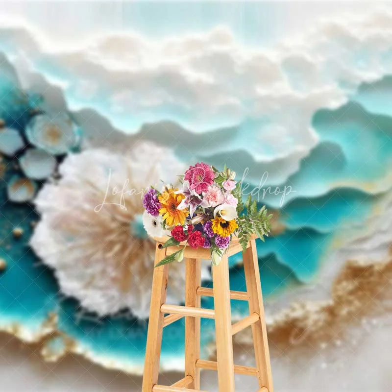 Lofaris Abstract Teal Ocean Waves and Gold Sand Backdrop Summer Beach Art Photography Background Party Decor