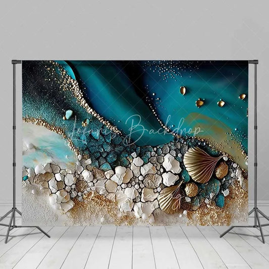Lofaris Abstract Teal Water and Golden Sand Beach Backdrop Seashell Photography Background Summer Party Decor