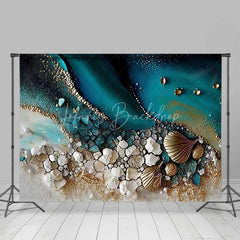 Lofaris Abstract Teal Water and Golden Sand Beach Backdrop Seashell Photography Background Summer Party Decor