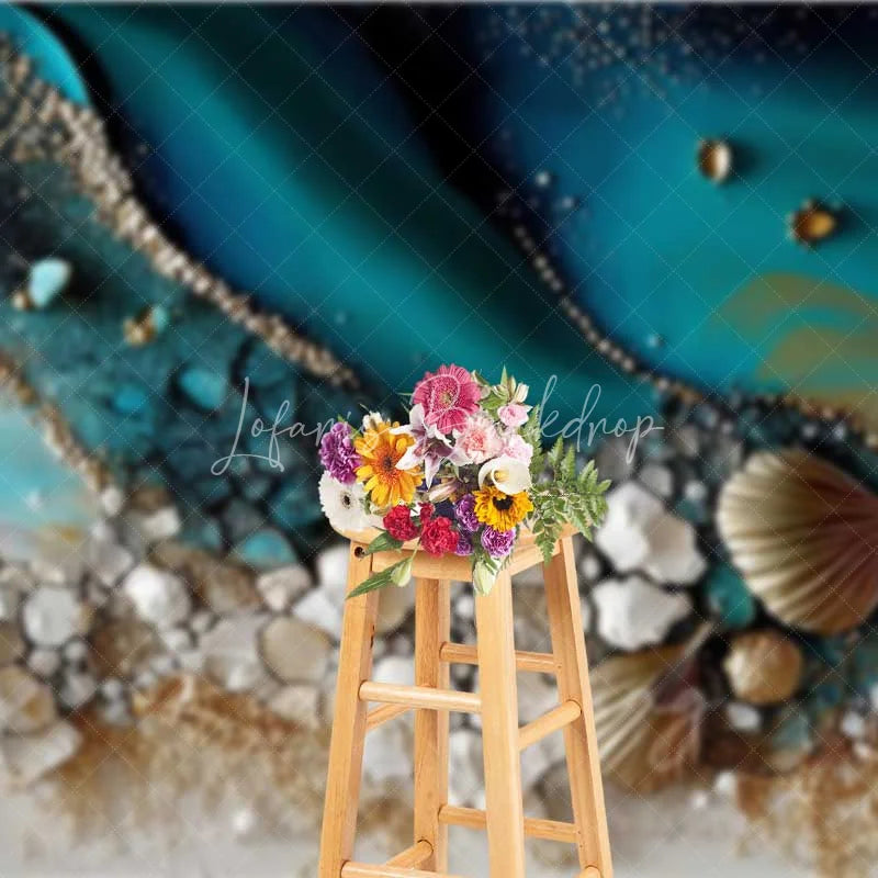 Lofaris Abstract Teal Water and Golden Sand Beach Backdrop Seashell Photography Background Summer Party Decor