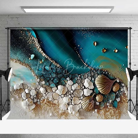 Lofaris Abstract Teal Water and Golden Sand Beach Backdrop Seashell Photography Background Summer Party Decor