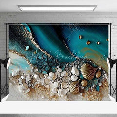 Lofaris Abstract Teal Water and Golden Sand Beach Backdrop Seashell Photography Background Summer Party Decor