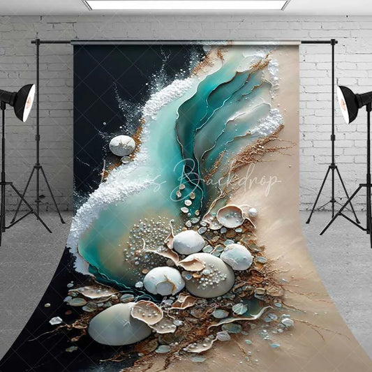 Lofaris Abstract Teal Water Flow and Sand Backdrop White Shells Pearls Elegant Beach Photography Background