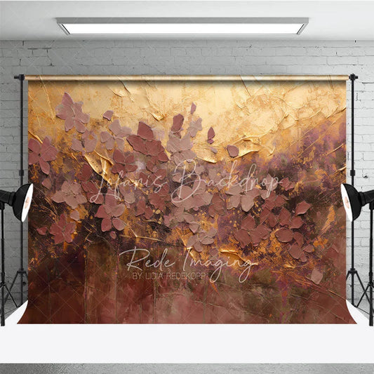 Lofaris Abstract Textured Floral Photography Backdrop Gold and Plum Palette with Elegant Painterly Design