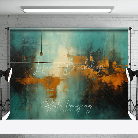 Lofaris Abstract Textured Teal and Golden Orange Photography Backdrop with Dark Blue Brushstrokes Modern Art Style