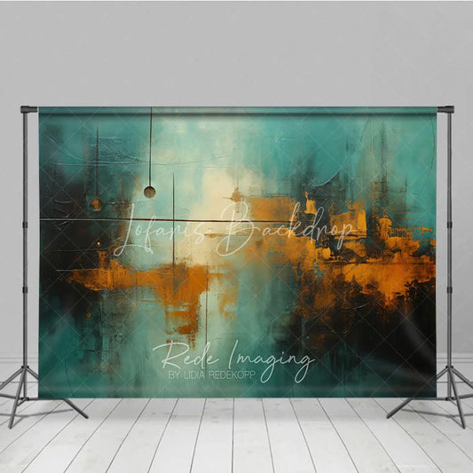 Lofaris Abstract Textured Teal and Golden Orange Photography Backdrop with Dark Blue Brushstrokes Modern Art Style