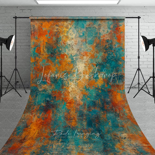 Lofaris Abstract Textured Teal Orange and Gold Sweep Backdrop Rustic Distressed Painterly Art Background