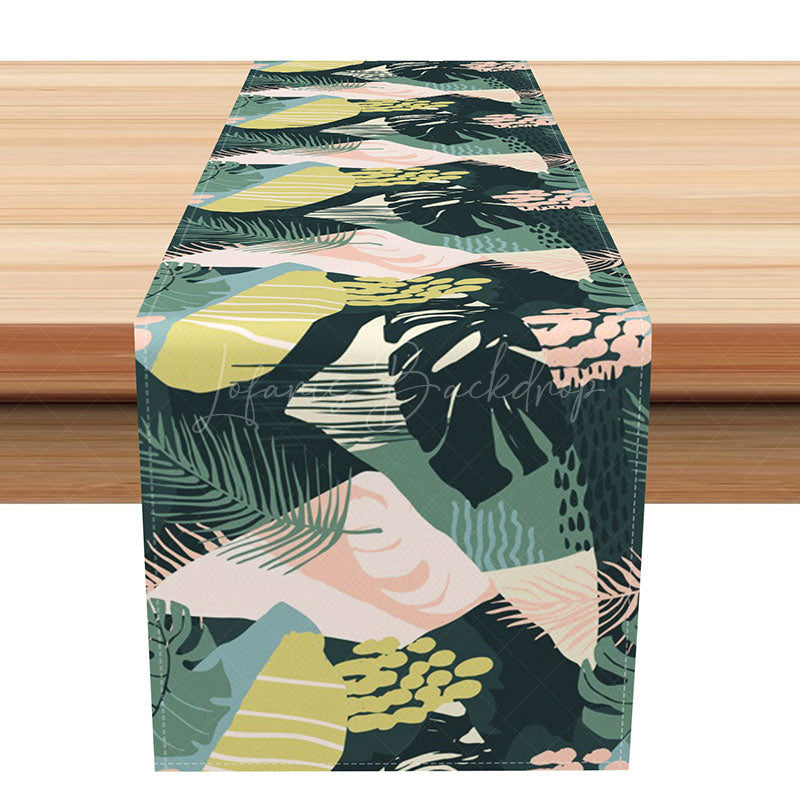 Lofaris Abstract Tropical Table Runner with Green Monstera Plant Print for Summer Dining and Kitchen Decor