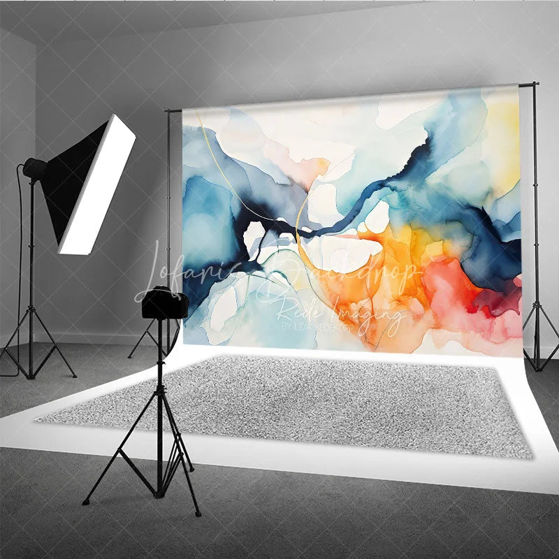 Lofaris Abstract Watercolor Fluid Art Photography Backdrop Modern Blue Orange and Gold Swirls for Artistic Portraits