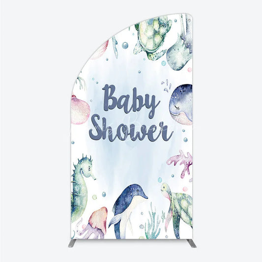 Lofaris Adorable Blue Green Watercolor Ocean Marine Life Half Moon Arch Backdrop Baby Shower Party Decoration