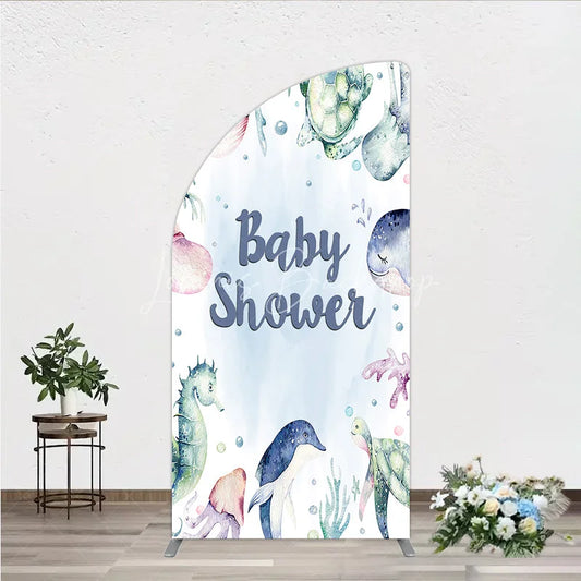 Lofaris Adorable Blue Green Watercolor Ocean Marine Life Half Moon Arch Backdrop Baby Shower Party Decoration