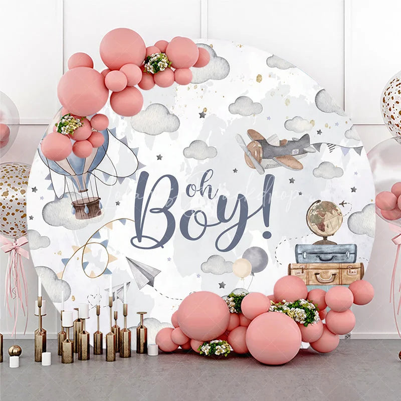 Lofaris Adventure Awaits Oh Boy Round Backdrop Hot Air Balloon and Airplane Baby Shower Party Decoration