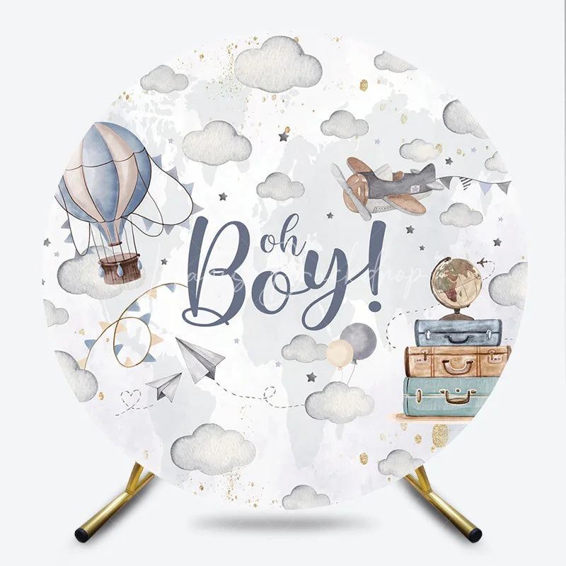Lofaris Adventure Awaits Oh Boy Round Backdrop Hot Air Balloon and Airplane Baby Shower Party Decoration