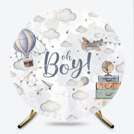 Lofaris Adventure Awaits Oh Boy Round Backdrop Hot Air Balloon and Airplane Baby Shower Party Decoration