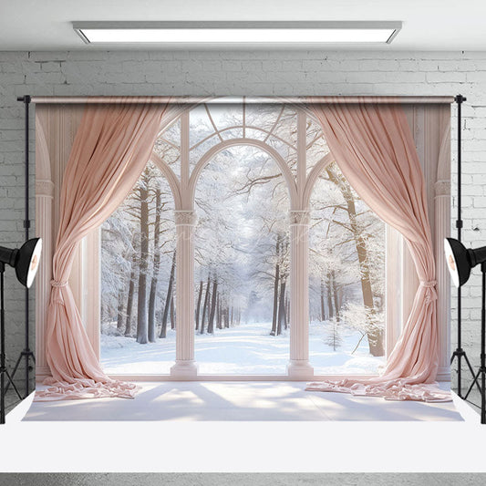 Lofaris Aesthetic Curtain Snowy Forest Window Scene Backdrop