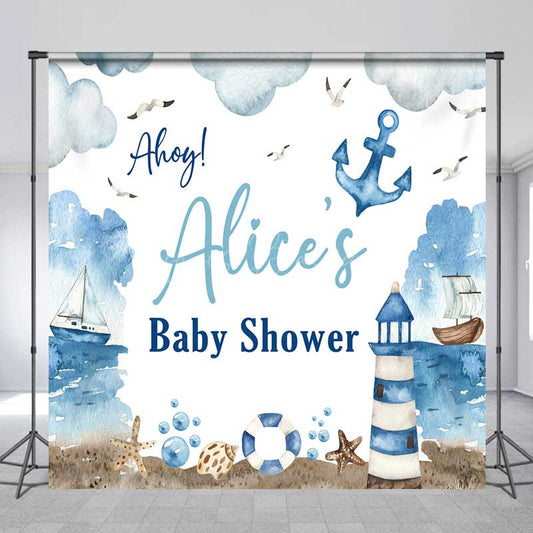 Lofaris Ahoy It’s a Boy Custom Nautical Baby Shower Backdrop Lighthouse and Anchor Ocean Themed Welcome Sign Decor
