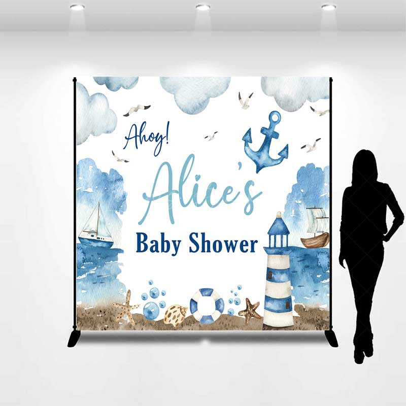 Lofaris Ahoy It’s a Boy Custom Nautical Baby Shower Backdrop Lighthouse and Anchor Ocean Themed Welcome Sign Decor