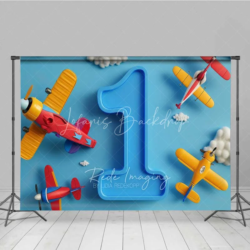 Lofaris Airplane 1st Birthday Backdrop Blue Sky Cloud Boy Photography Background Cartoon Pilot Cake Smash Photo Prop
