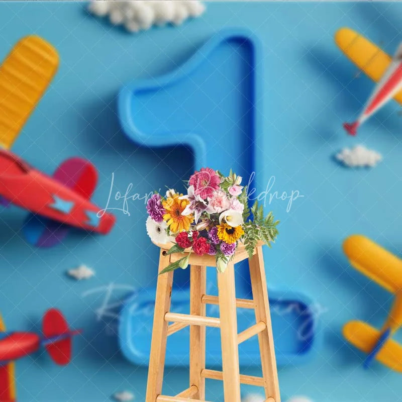 Lofaris Airplane 1st Birthday Backdrop Blue Sky Cloud Boy Photography Background Cartoon Pilot Cake Smash Photo Prop