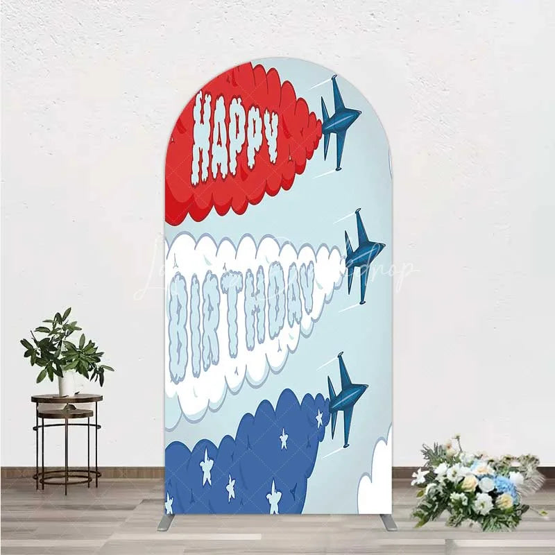 Lofaris Airplane Jet Happy Birthday Arch Backdrop Red White and Blue Aviation Theme Party Background