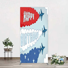 Lofaris Airplane Jet Happy Birthday Rectangle Backdrop Red White and Blue Aviation Theme Party Background