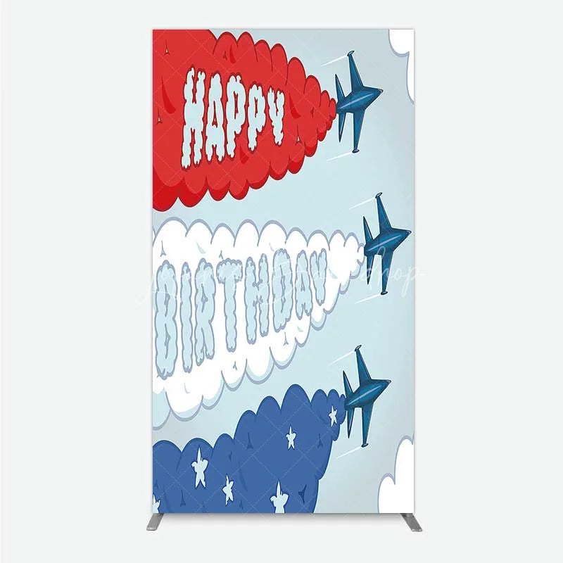 Lofaris Airplane Jet Happy Birthday Rectangle Backdrop Red White and Blue Aviation Theme Party Background