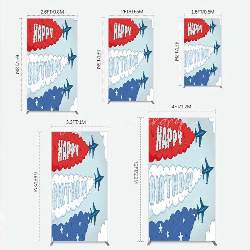 Lofaris Airplane Jet Happy Birthday Rectangle Backdrop Red White and Blue Aviation Theme Party Background