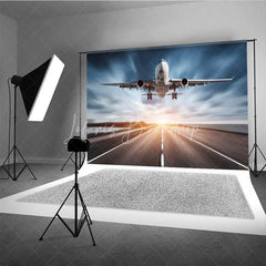 Lofaris Airplane Runway Backdrop Large Passenger Plane Taking Off Sky Photography Background Travel Theme Party Decoration