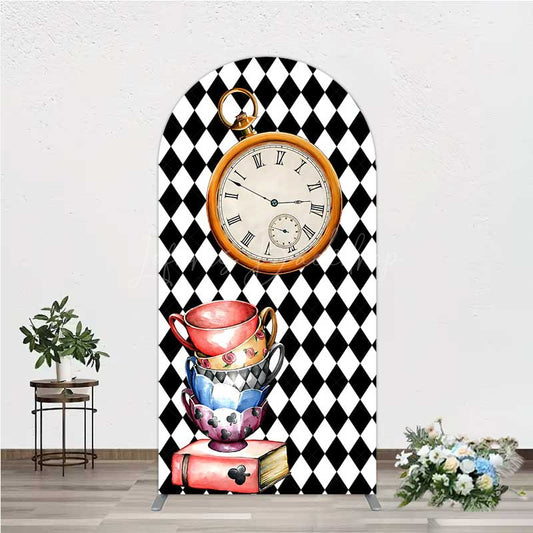 Lofaris Alice in Wonderland Inspired Birthday Arch Backdrop Mad Hatter Tea Party with Clock Whimsical Photo Prop Decor