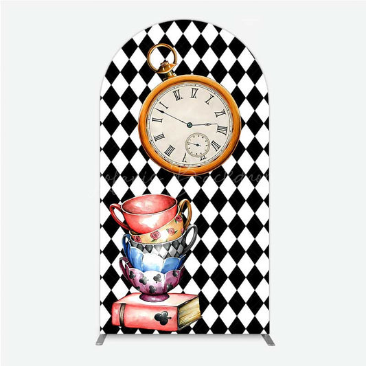 Lofaris Alice in Wonderland Inspired Birthday Arch Backdrop Mad Hatter Tea Party with Clock Whimsical Photo Prop Decor