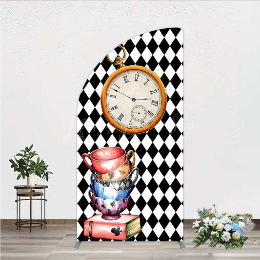 Lofaris Alice in Wonderland Inspired Birthday Half Moon Arch Backdrop Mad Hatter Tea Party with Clock Whimsical Photo Prop Decor