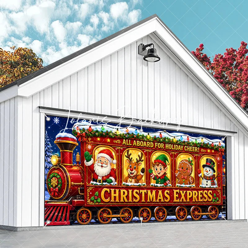 Lofaris All Aboard for Holiday Cheer Christmas Express Train with Santa Reindeer Elf Snowman Garage Door Banner