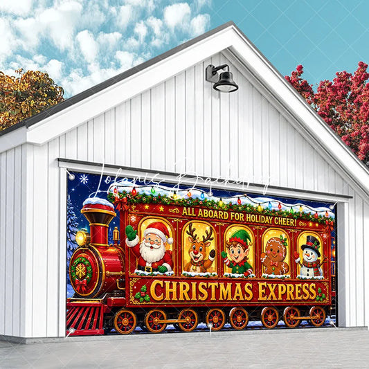 Lofaris All Aboard for Holiday Cheer Christmas Express Train with Santa Reindeer Elf Snowman Garage Door Banner