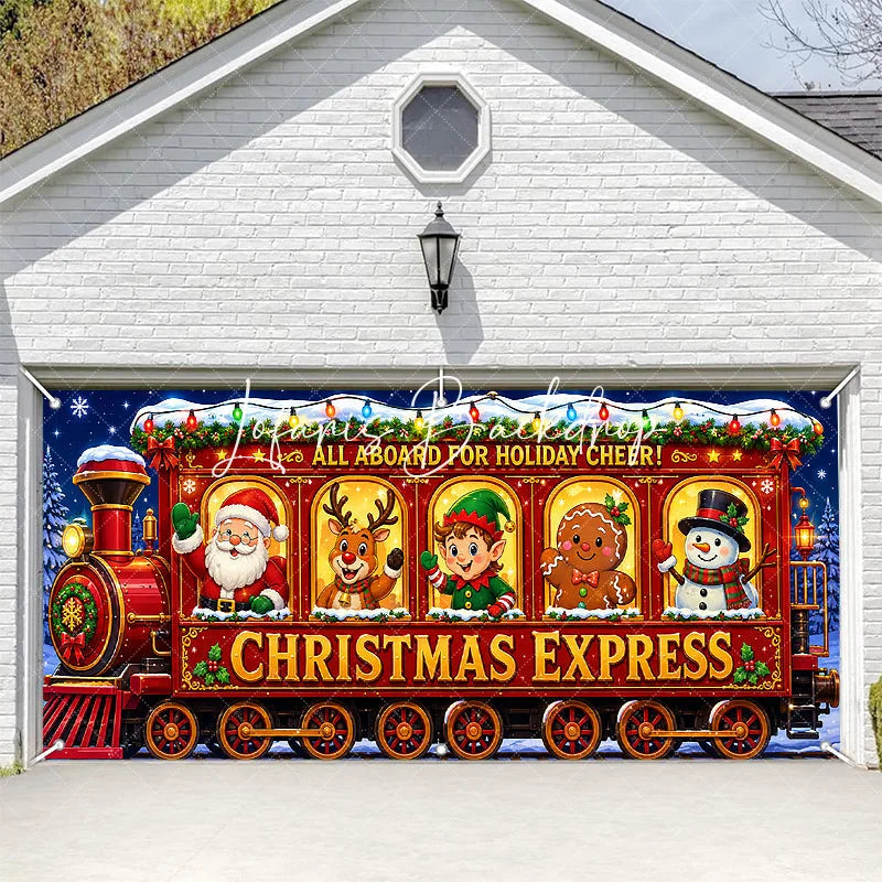 Lofaris All Aboard for Holiday Cheer Christmas Express Train with Santa Reindeer Elf Snowman Garage Door Banner