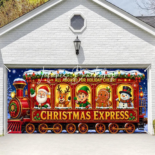 Lofaris All Aboard for Holiday Cheer Christmas Express Train with Santa Reindeer Elf Snowman Garage Door Banner