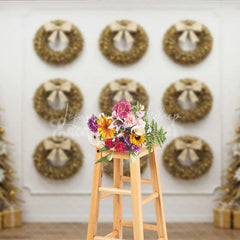 Lofaris All Gold Christmas Photography Backdrop Elegant Wall of Wreaths with Stylized Trees Luxury Holiday Photo Background
