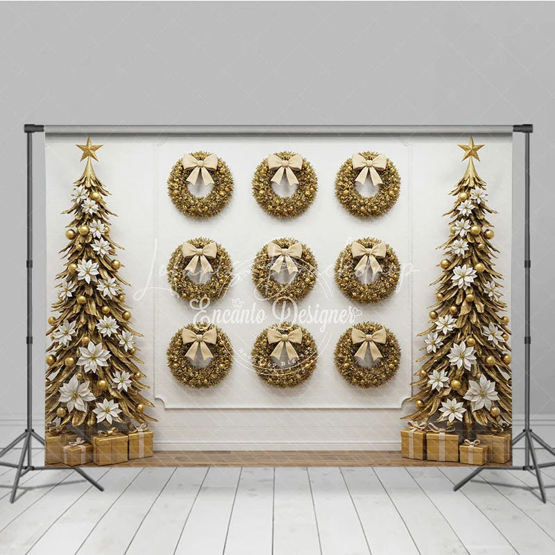 Lofaris All Gold Christmas Photography Backdrop Elegant Wall of Wreaths with Stylized Trees Luxury Holiday Photo Background